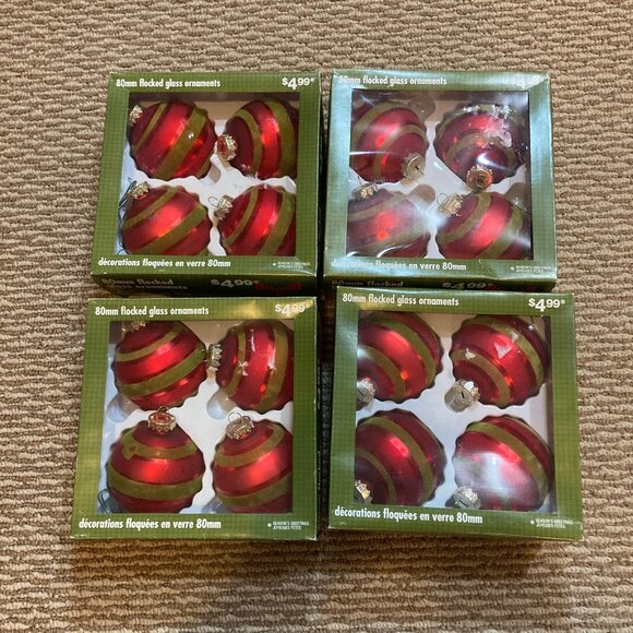 16 Vintage Red and Green Flocked (Velvet) Glass Tree Ornaments - Picture 1 of 6
